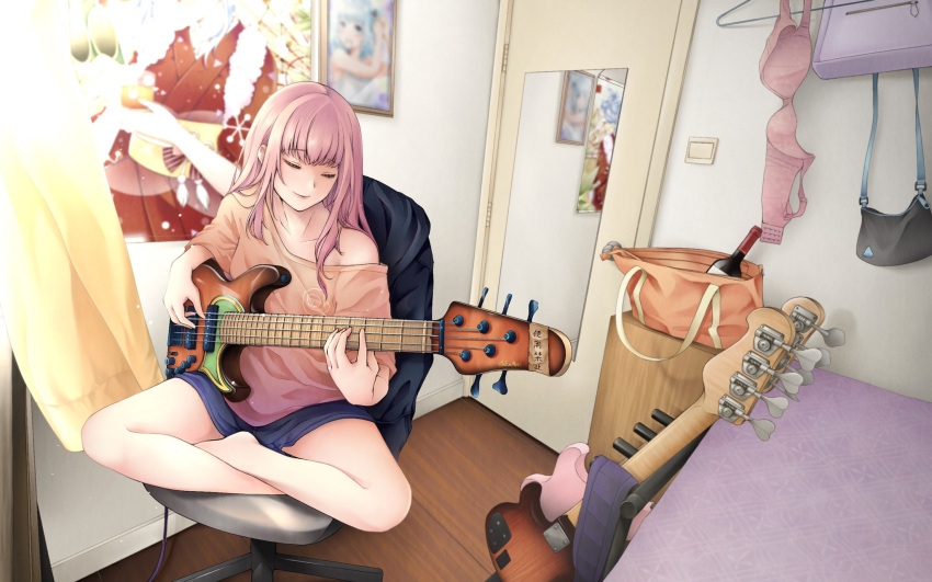 1girl alternate_costume bass_guitar blue_hair bottle casual closed_eyes gawr_gura highres hololive hololive_english indian_style indoors instrument japanese_clothes kimono mirror mori_calliope off_shoulder orangechan pink_hair sitting smile solo underwear wine_bottle