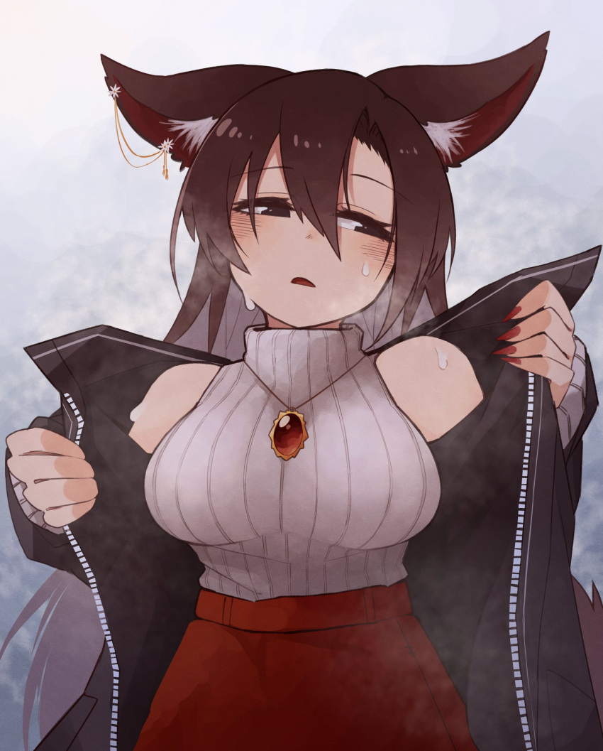 1girl absurdres brown_eyes brown_hair commentary_request grey_background highres imaizumi_kagerou kaginoni looking_to_the_side parted_lips simple_background solo steam touhou undressing
