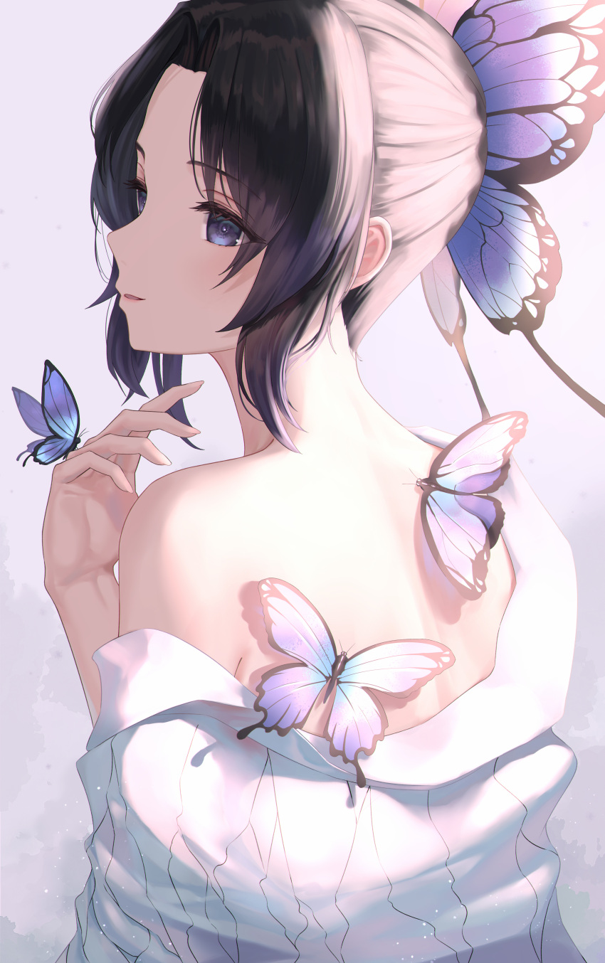 1girl absurdres back bangs black_hair bug butterfly butterfly_hair_ornament butterfly_on_hand commentary_request from_behind hair_ornament hand_up haori highres insect japanese_clothes kimetsu_no_yaiba kochou_shinobu looking_to_the_side medium_hair off_shoulder purple_butterfly sidelocks single_bare_shoulder solo tooku0 violet_eyes