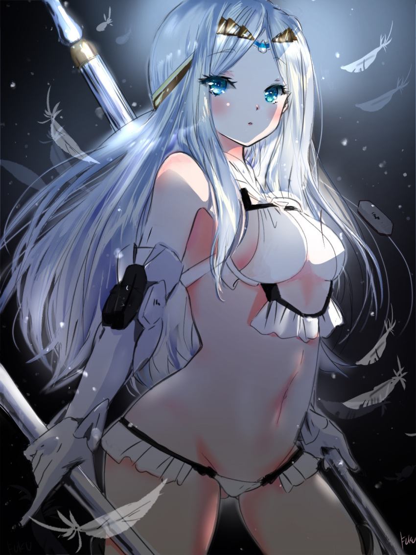 1girl backlighting bangs bare_shoulders bikini blue_eyes breasts elbow_gloves fate/grand_order fate_(series) feathers fukunukko galatea_(fate) gloves halter_top halterneck highres joints long_hair looking_at_viewer navel pale_skin parted_bangs polearm robot_joints shadow small_breasts swimsuit thighs tiara weapon white_bikini white_gloves white_hair