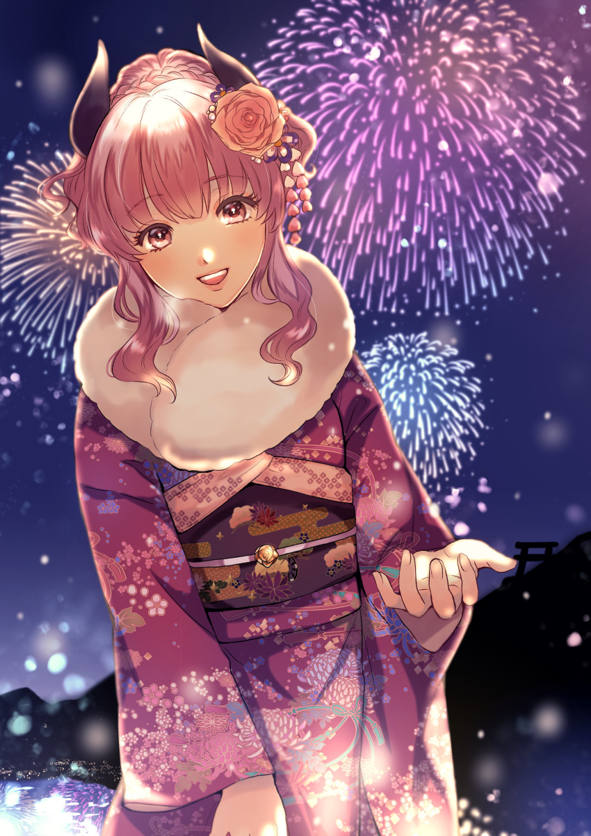 1girl absurdres alternate_costume blush brown_eyes commission eyebrows_visible_through_hair fireworks flower fur_trim furisode hair_flower hair_ornament highres horns indie_virtual_youtuber japanese_clothes kimono night night_sky open_mouth pink_flower pink_rose purple_hair rose second-party_source skeb_commission sky smile solo taro_tapioca torii virtual_youtuber wawatiku