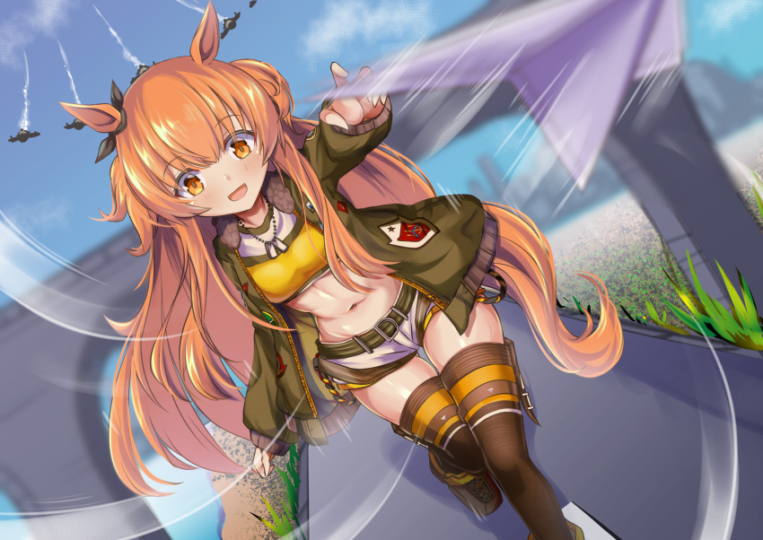 1girl :d absurdres aircraft airplane animal_ears bangs black_ribbon blue_sky blush breasts bridge brown_eyes brown_footwear brown_legwear clouds commentary_request crop_top day dog_tags dutch_angle ear_ribbon eyebrows_visible_through_hair fighter_jet full_body grass green_belt green_jacket groin hair_between_eyes highres horse_ears horse_tail jacket jet long_hair long_sleeves looking_at_viewer manatu_kato mayano_top_gun midriff military military_vehicle motion_blur motion_lines navel open_clothes open_jacket open_mouth orange_hair outdoors paper_airplane ribbon road shadow shirt shoes short_shorts shorts sidelocks skindentation sky small_breasts smile solo standing standing_on_one_leg tail thigh-highs two_side_up umamusume very_long_hair visible_air white_shorts yellow_shirt