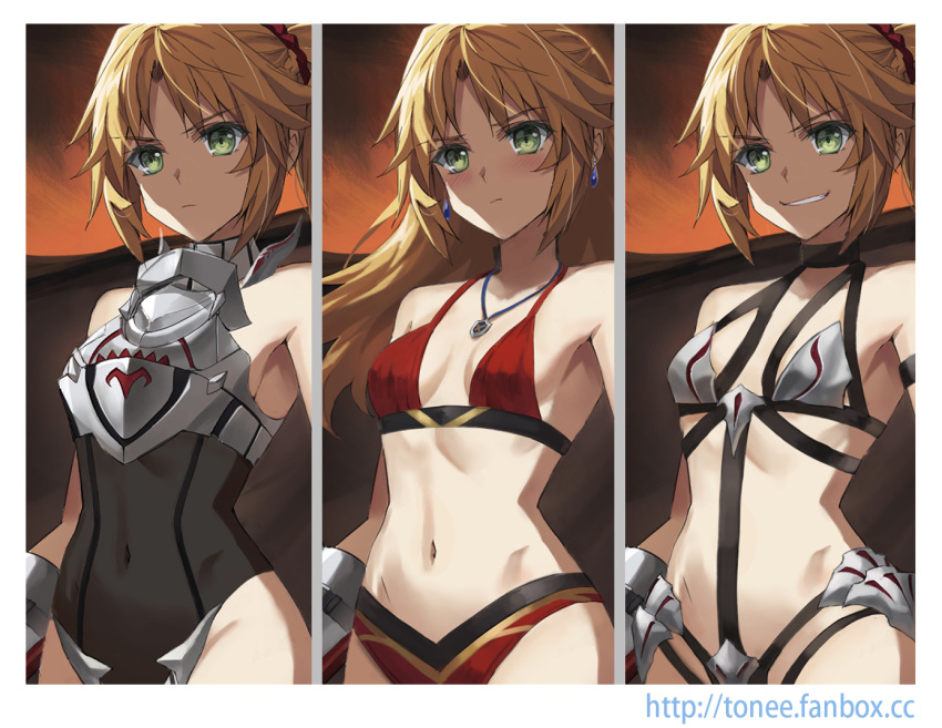 1girl armor bangs bare_shoulders bikini_armor black_legwear blonde_hair blush braid breastplate breasts brown_cape cape clarent_(fate) embarrassed fate/apocrypha fate_(series) faulds french_braid green_eyes grin hair_ornament hair_scrunchie long_hair looking_at_viewer mordred_(fate) mordred_(fate)_(all) navel parted_bangs pelvic_curtain ponytail scrunchie sidelocks small_breasts smile sword thigh-highs thighs tonee weapon