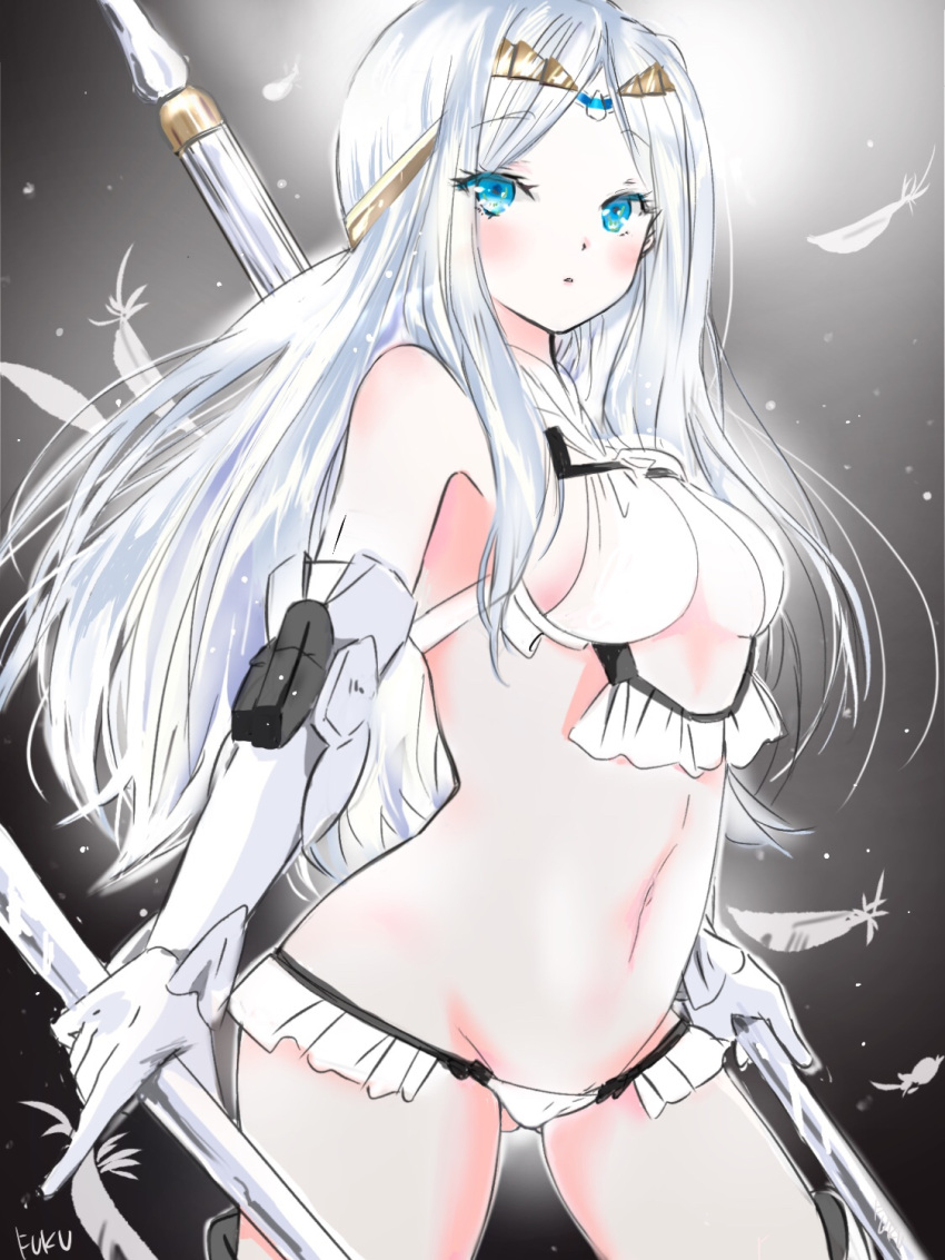 1girl bangs bare_shoulders bikini blue_eyes breasts elbow_gloves fate/grand_order fate_(series) feathers fukunukko galatea_(fate) gloves halter_top halterneck highres joints long_hair looking_at_viewer navel pale_skin parted_bangs polearm robot_joints small_breasts swimsuit thighs tiara weapon white_bikini white_gloves white_hair