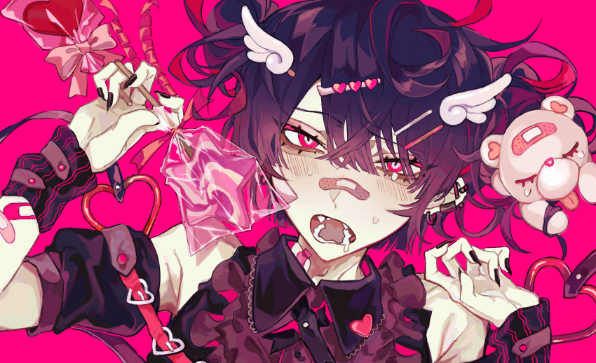 1boy bandaid bandaid_on_nose bangs bare_shoulders black_hair black_nails blush bow candy collared_shirt detached_sleeves earrings fangs fingernails food frills gloves hair_ornament hairclip hands_up heart heart_hair_ornament highres holding jewelry kuroume_(aihikarikuroume24) lollipop looking_at_viewer multicolored_hair nail_polish open_mouth original pink_background puffy_short_sleeves puffy_sleeves red_eyes redhead saliva sharp_fingernails shirt short_sleeves simple_background solo star_(symbol) teeth two-tone_hair upper_body wing_hair_ornament