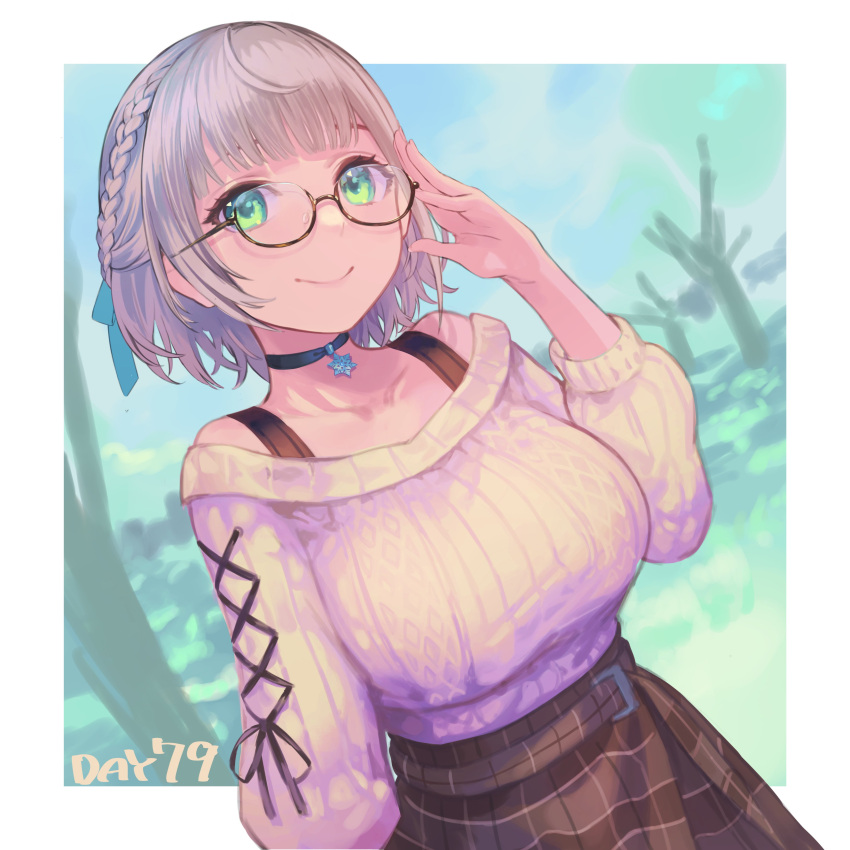 1girl absurdres adjusting_eyewear black_choker braid breasts brown_skirt choker closed_mouth dutch_angle french_braid glasses green_eyes hair_ribbon half_updo hatomugi_seika highres hololive jewelry large_breasts looking_at_viewer low_neckline off-shoulder_sweater off_shoulder pendant plaid plaid_skirt ribbed_sweater ribbon shirogane_noel short_hair silver_hair skirt smile solo sweater virtual_youtuber white_sweater