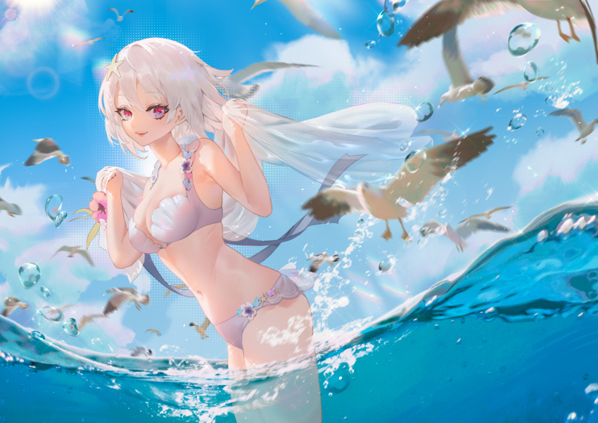 1girl absurdres animal bare_arms bare_shoulders bikini bird blue_sky breasts cirilla clouds commentary_request day fish flock hair_ornament highres long_hair looking_at_viewer medium_breasts navel ocean original outdoors partially_submerged red_eyes scenery seagull see-through silver_hair sky smile solo standing stomach sunlight swimsuit wading water water_drop white_bikini white_hair
