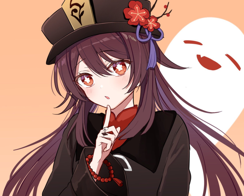 1girl bangs bead_bracelet beads black_headwear blush bracelet brown_hair chiroron closed_eyes eyebrows_visible_through_hair fang finger_to_mouth flower flower-shaped_pupils genshin_impact ghost hat hat_flower highres hu_tao jewelry long_hair long_sleeves looking_at_viewer open_mouth red_eyes red_flower ring simple_background skin_fang smile solo symbol-shaped_pupils tassel twintails very_long_hair