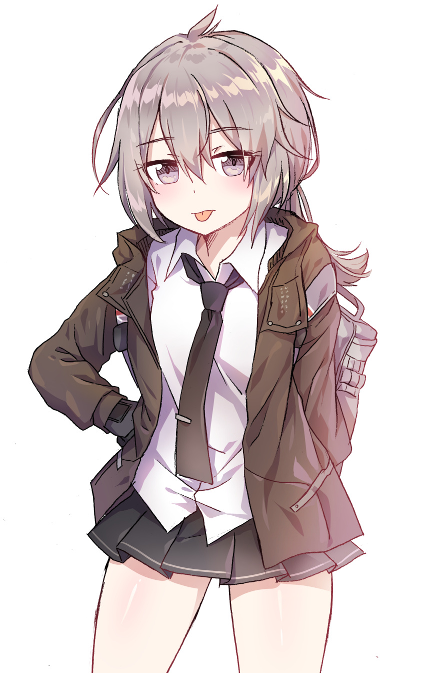 1girl absurdres backpack bag bangs black_neckwear black_skirt blush brown_jacket caramell0501 closed_mouth collared_shirt commentary dress_shirt eyebrows_visible_through_hair girls_frontline grey_eyes grey_hair hair_between_eyes highres jacket m200_(girls_frontline) necktie open_clothes open_jacket pleated_skirt shirt simple_background skirt solo tie_clip tongue tongue_out white_background white_shirt