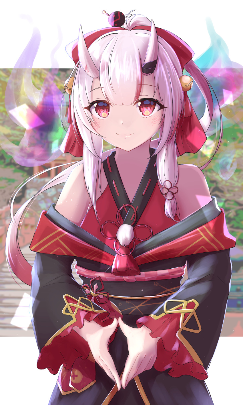1girl absurdres alternate_hairstyle bare_shoulders black_kimono bow closed_mouth gradient_hair hair_bow hair_ornament hairpin highres hilamaru hololive horns japanese_clothes kimono light_blush long_hair looking_at_viewer multicolored_hair nakiri_ayame obi off-shoulder_kimono oni oni_horns ponytail red_eyes redhead reflective_eyes sash silver_hair smile solo streaked_hair virtual_youtuber