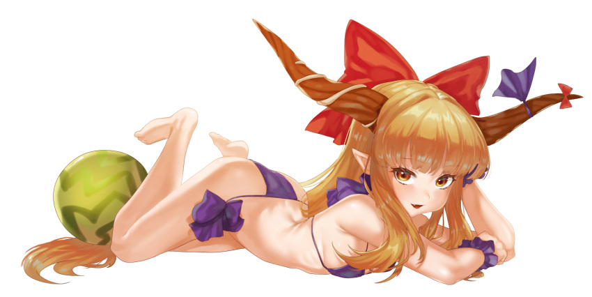 1girl alice_tam ass bangs bare_shoulders barefoot bikini bow bow_swimsuit breasts fang food fruit highres horn_bow horns ibuki_suika long_hair looking_at_viewer lying on_stomach open_mouth orange_eyes orange_hair pointy_ears purple_bow purple_swimsuit red_bow sidelocks simple_background small_breasts smile swimsuit the_pose touhou very_long_hair watermelon white_background wristband