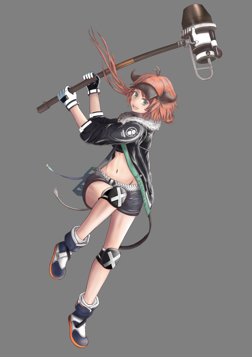 1girl :d absurdres ahoge ankle_socks arknights bangs black_jacket black_shirt black_shorts breasts commentary cow_horns croissant_(arknights) eyebrows_visible_through_hair eyewear_on_head fang full_body fur-trimmed_jacket fur_trim gk_(2270) gloves green_eyes grey_background groin hair_between_eyes hammer highres holding holding_hammer horns jacket knee_pads long_hair looking_at_viewer low_ponytail medium_breasts midriff navel open_clothes open_jacket open_mouth orange_hair penguin_logistics_logo shirt shoes short_shorts short_sleeves shorts sidelocks simple_background smile sneakers solo standing tachi-e white_gloves white_legwear