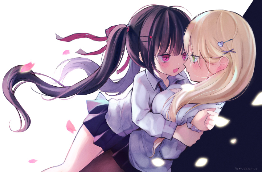 1girl 2girls bangs black_hair black_skirt blonde_hair blush breasts eye_contact fang glasses green_eyes hair_ornament hair_ribbon hairclip heart heart_hair_ornament highres hug long_hair looking_at_another multiple_girls open_mouth original pantyhose petals pink_eyes pleated_skirt ribbon school_uniform shirt skirt twintails very_long_hair white_shirt x_hair_ornament yukari_(rihenara_doll) yuri