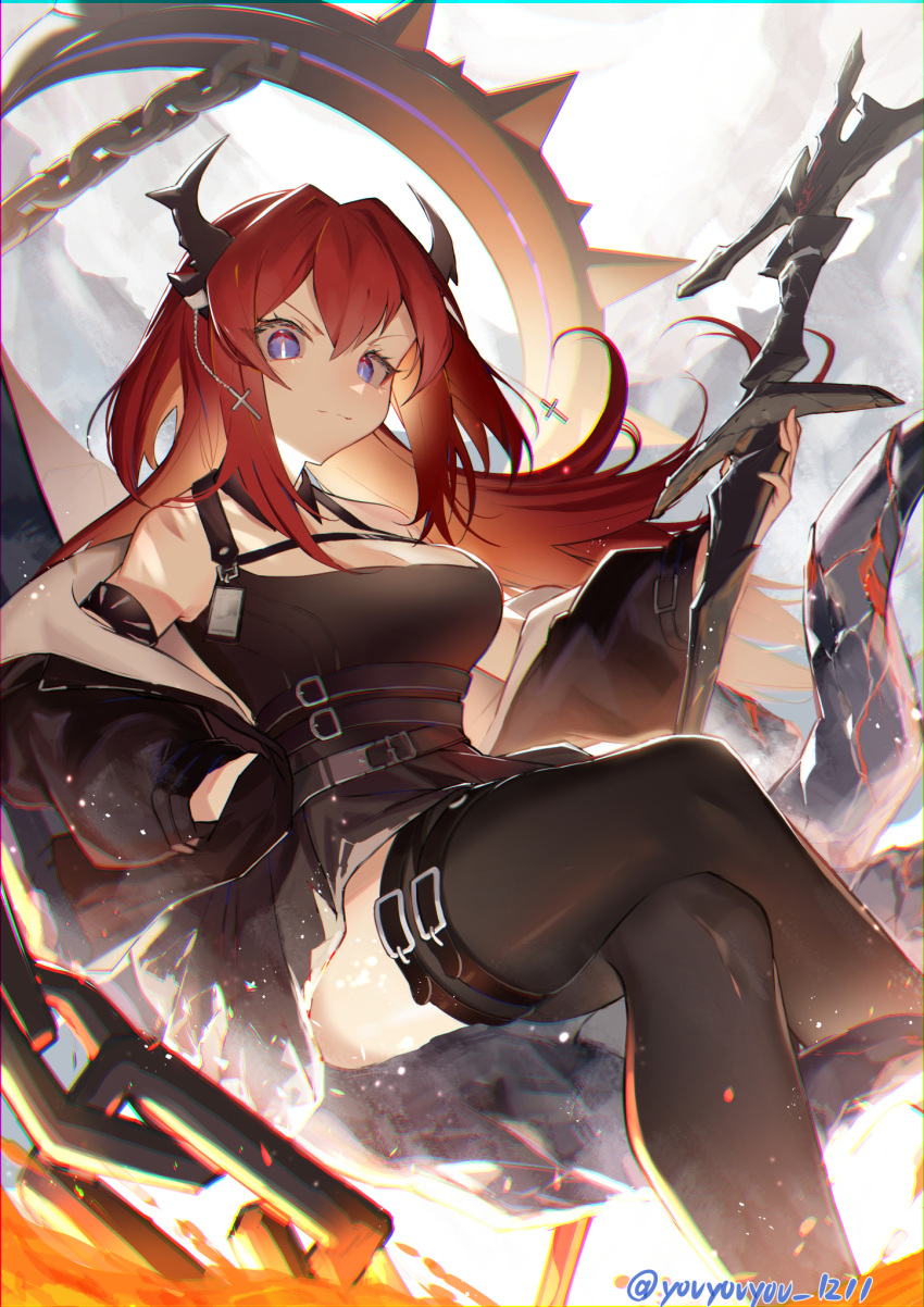1girl arknights armband bangs belt black_belt black_dress black_jacket black_legwear blue_eyes breasts chain commentary_request crossed_legs dress fire from_below halter_dress halterneck hand_on_hip high_belt highres holding holding_sword holding_weapon horns jacket long_hair long_sleeves looking_at_viewer medium_breasts off_shoulder redhead sitting sleeveless sleeveless_dress solo surtr_(arknights) sword thigh-highs thigh_strap twitter_username weapon youyouyou_1211
