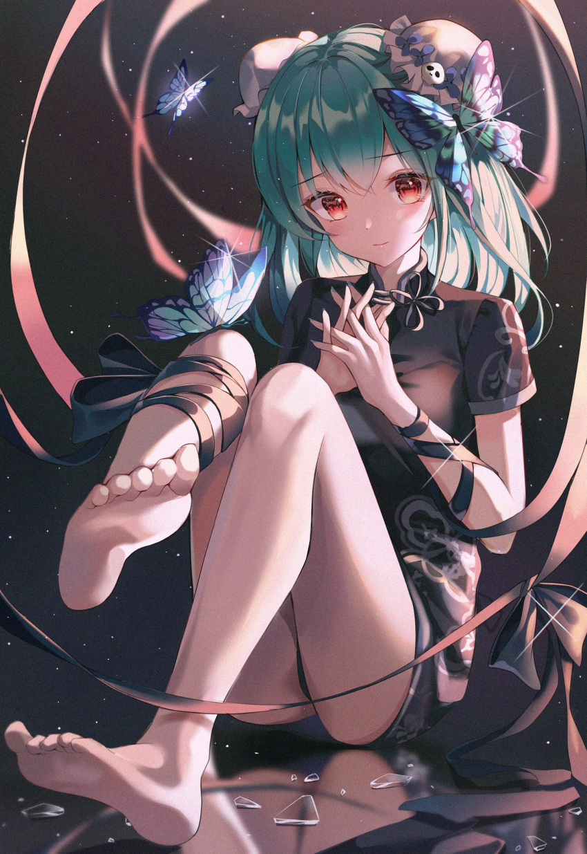 1girl aqua_hair aqua_nails arm_ribbon bangs barefoot black_dress black_ribbon blue_butterfly bug butterfly butterfly_hair_ornament china_dress chinese_clothes double_bun dress eyebrows_visible_through_hair feet full_body glass_shards hair_ornament highres hololive icebox46 insect interlocked_fingers leg_ribbon light_particles long_hair looking_at_viewer nail_polish red_eyes ribbon shards short_sleeves skull_hair_ornament smile soles solo uruha_rushia virtual_youtuber