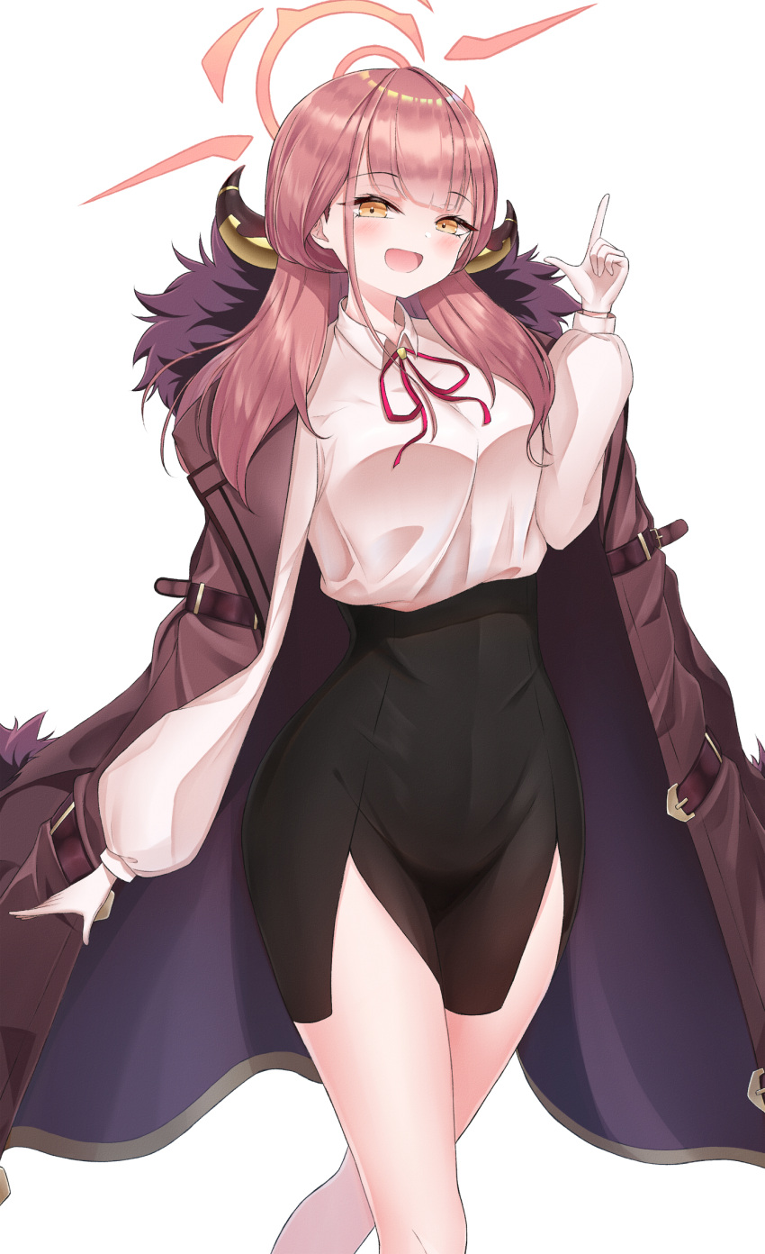 1girl :d aru_(blue_archive) black_skirt blue_archive blush breasts brown_eyes brown_jacket collared_shirt commentary_request fur-trimmed_jacket fur_trim gloves halo hand_up highres index_finger_raised jacket jacket_on_shoulders long_hair long_sleeves medium_breasts minoshi neck_ribbon open_mouth pencil_skirt pink_hair puffy_long_sleeves puffy_sleeves red_ribbon ribbon shirt simple_background skirt smile solo white_background white_gloves white_shirt
