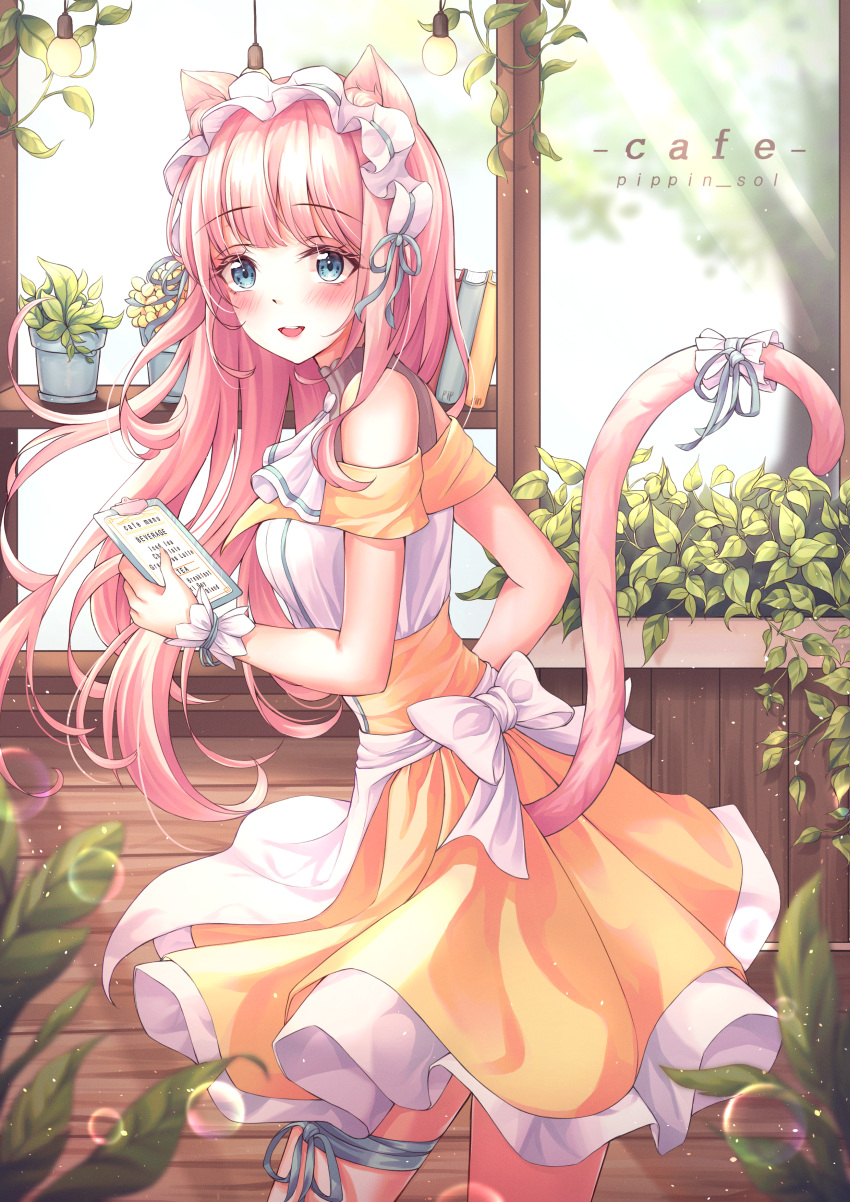 1girl absurdres animal_ears apron artist_name bangs blue_eyes cat_ears cat_tail dress eyebrows_visible_through_hair from_side highres holding holding_menu huge_filesize indoors long_hair maid maid_apron maid_headdress menu open_mouth original pink_hair pink_tail pippin_sol plant potted_plant ribbon smile solo tail tail_ornament tail_ribbon thigh_ribbon window wrist_cuffs yellow_dress