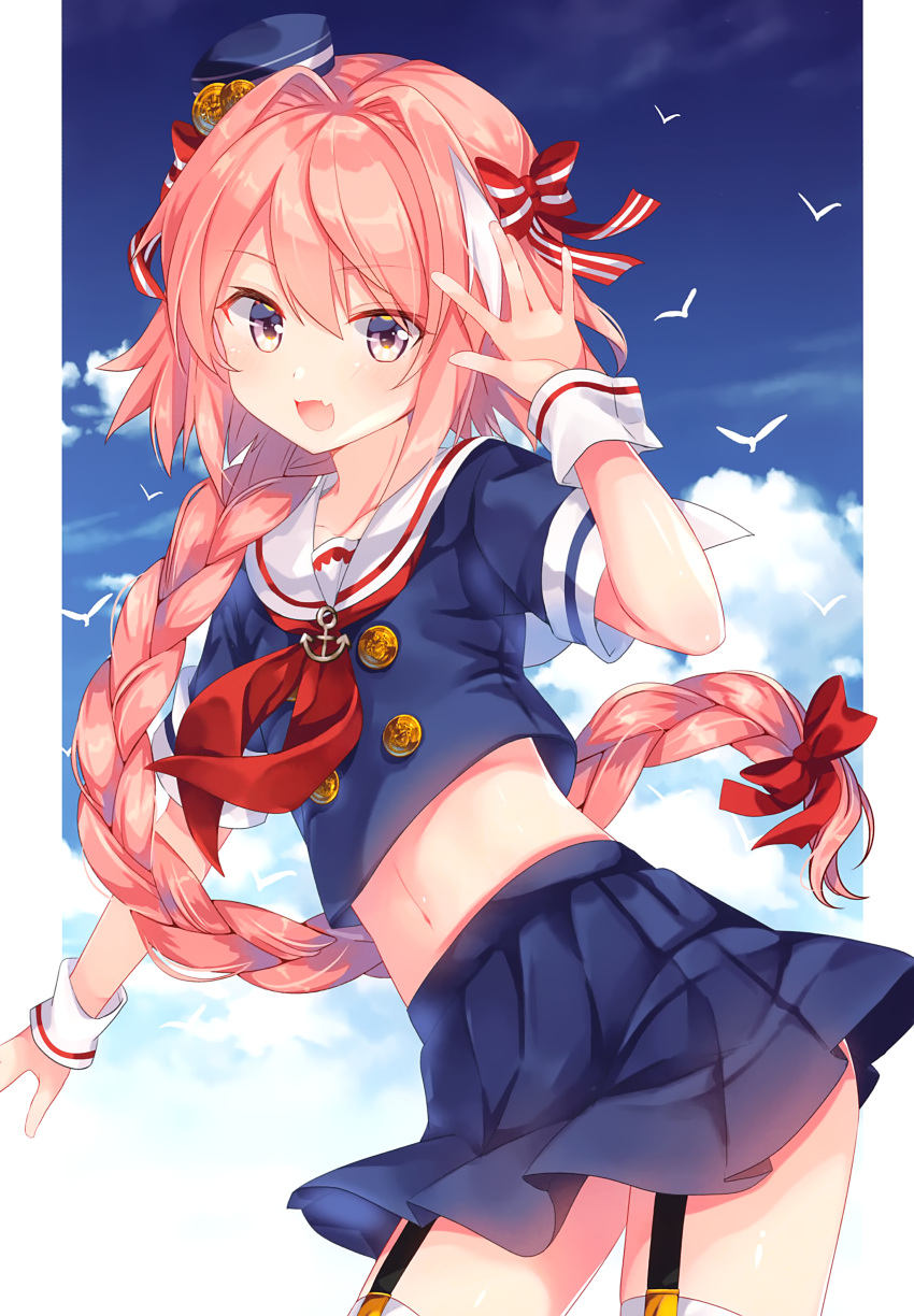 1boy absurdres alternate_costume astolfo_(fate) bow braid dress fang fate/apocrypha fate_(series) garter_straps gomano_rio hair_intakes hair_ribbon happy hat highres long_braid long_hair looking_at_viewer male_focus mini_hat multicolored_hair navel open_mouth otoko_no_ko outdoors pink_hair red_bow red_ribbon ribbon sailor_collar sailor_dress school_uniform single_braid skin_fang sky smile solo streaked_hair violet_eyes wrist_cuffs