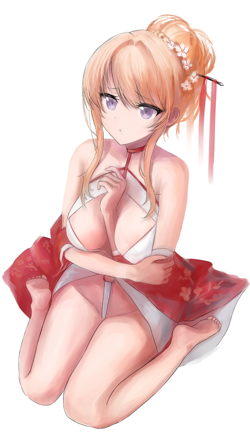 1girl azur_lane bare_legs bare_shoulders barefoot blonde_hair breasts commentary_request crossed_arms dress eyebrows_visible_through_hair flower glorious_(azur_lane) glorious_(pungent_plum)_(azur_lane) hair_flower hair_ornament hairclip hand_on_breast highres legs long_hair medium_breasts nana_(nana17112018) no_panties seiza sitting sitting_on_floor soles solo violet_eyes white_background