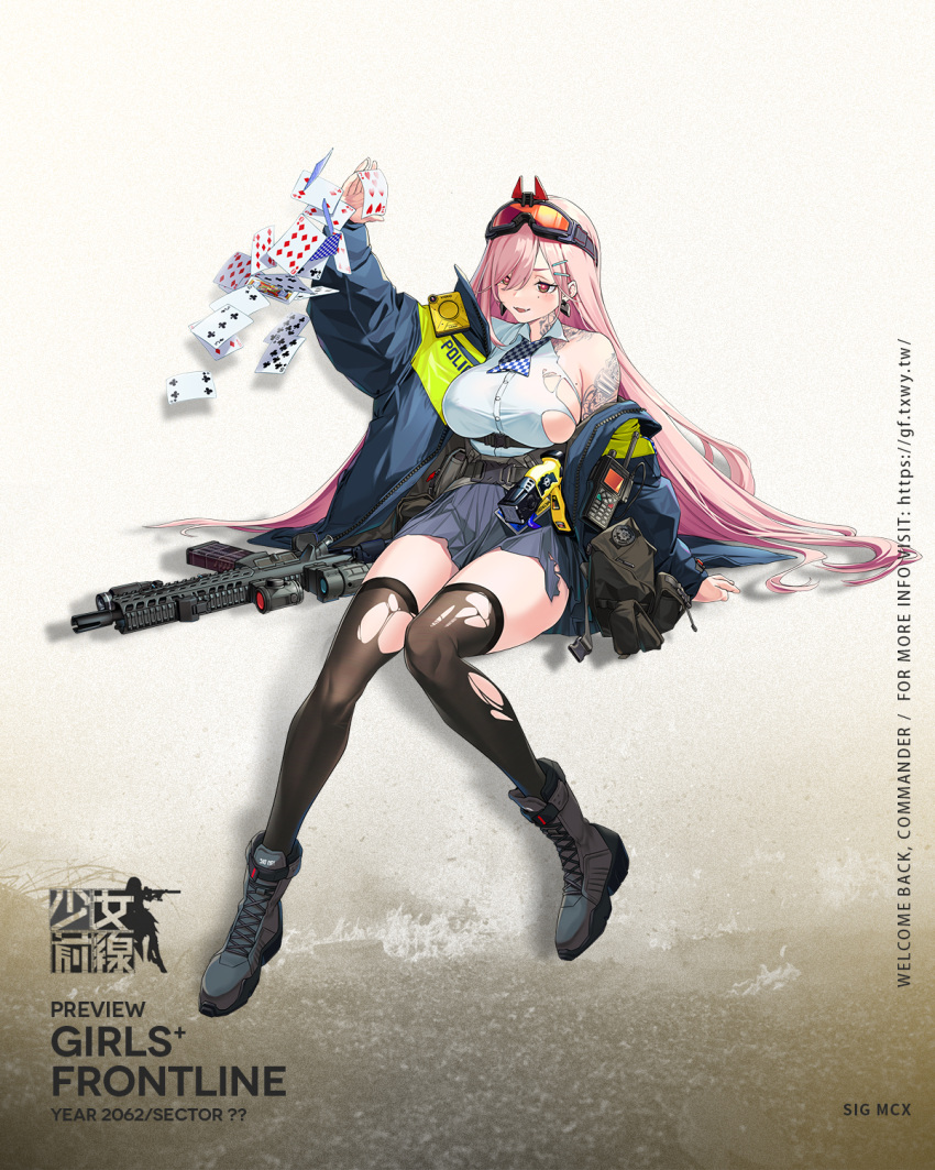1girl arm_tattoo artist_request bag bangs belt black_footwear black_legwear blue_jacket blue_skirt blush boots breasts card character_name commentary_request copyright_name earrings eyebrows_visible_through_hair eyewear_on_head floor girls_frontline gun hand_on_floor heart heart_earrings highres holding holding_card jacket jewelry large_breasts long_hair looking_away mole mole_on_breast mole_under_eye neck_tattoo official_art open_clothes open_jacket open_mouth pink_hair police police_uniform red_eyes rifle shirt sig-mcx_(girls_frontline) simple_background sitting sitting_on_floor skirt solo tattoo thigh-highs torn_clothes torn_legwear torn_shirt torn_skirt uniform walkie-talkie weapon white_shirt
