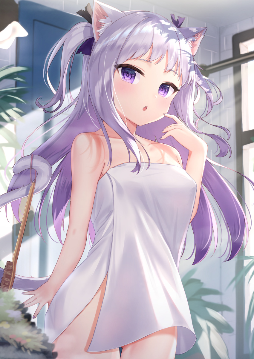 1girl animal_ear_fluff animal_ears bangs bare_arms bare_shoulders blush breasts cat_ears cat_girl cat_tail collarbone commentary_request door fang hand_up highres indoors looking_at_viewer naked_towel original parted_lips prehensile_tail purple_hair small_breasts solo tail tail_hold tile_wall tiles towel tsukiman two_side_up violet_eyes