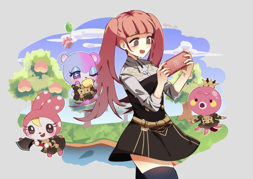 :d animal_crossing axe character_request cowboy_shot crown cup day eine_dx fire_emblem fire_emblem:_three_houses garreg_mach_monastery_uniform hilda_valentine_goneril long_hair nintendo_switch nintendo_switch_lite open_mouth outdoors pink_eyes pink_hair smile teacup thigh-highs twintails twitter_username walking zettai_ryouiki