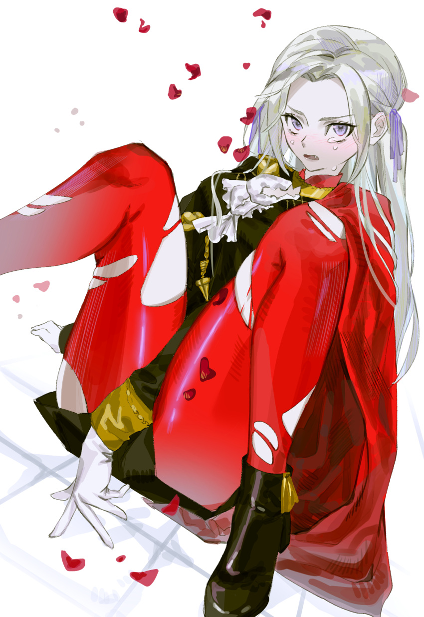 1girl black_footwear black_jacket cape edelgard_von_hresvelg fire_emblem fire_emblem:_three_houses foot_out_of_frame forehead garreg_mach_monastery_uniform gloves hair_ribbon highres jacket kajo_(ctpg2528) knees_up long_hair long_sleeves looking_at_viewer pantyhose petals purple_ribbon red_cape red_legwear ribbon rose_petals shoes silver_hair simple_background sitting solo tears torn_clothes torn_legwear violet_eyes white_background white_gloves