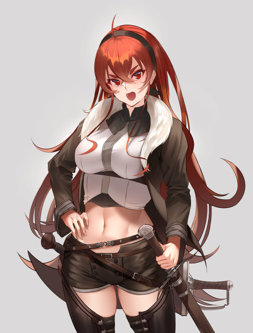 1girl absurdres ahoge bangs black_hairband black_jacket black_shorts breasts chaps commentary cowboy_shot crop_top eris_greyrat fur-trimmed_jacket fur_trim grey_background groin hair_between_eyes hairband hand_on_hip highres holding holding_sword holding_weapon jacket large_breasts long_hair long_sleeves looking_at_viewer midriff mushoku_tensei navel older open_clothes open_jacket open_mouth rausu_(undeadmachine) red_eyes redhead sheath sheathed shirt short_shorts shorts sidelocks simple_background solo standing sword thick_eyebrows toned underbust very_long_hair weapon white_background white_shirt