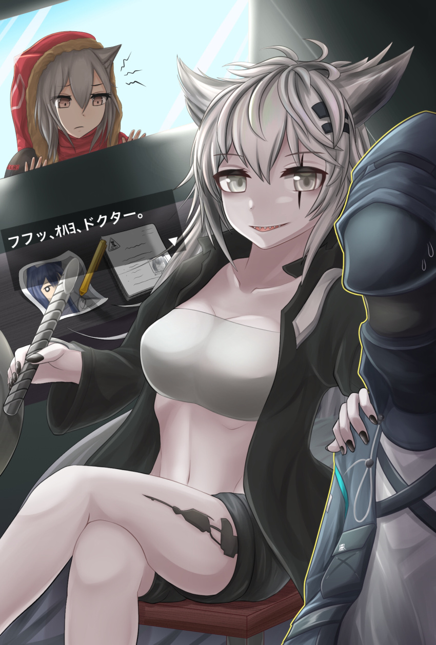 1other 2girls animal_ears arknights bandeau bangs bare_legs black_jacket black_nails black_shorts breasts crossed_legs doctor_(arknights) engawa_(organic_sushi) eyebrows_visible_through_hair feet_out_of_frame grey_eyes hair_between_eyes hair_ornament hairclip hand_on_another's_shoulder highres holding hood hooded_jacket jacket lappland_(arknights) long_hair long_sleeves looking_at_viewer medium_breasts midriff multiple_girls nail_polish navel open_clothes open_jacket oripathy_lesion_(arknights) parted_lips photo_(object) projekt_red_(arknights) red_jacket scar scar_across_eye sharp_teeth short_shorts shorts silver_hair sitting smile stomach strapless teeth texas_(arknights) thighs translation_request tubetop wolf_ears