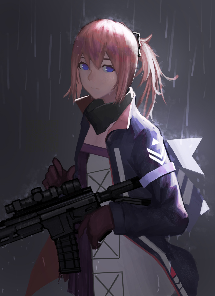 1girl absurdres alternate_costume ar-15 black_gloves black_scarf blue_eyes closed_mouth eyebrows_visible_through_hair girls_frontline gloves gun hair_ornament hairclip highres holding holding_weapon long_hair looking_at_viewer pink_hair rain rifle salty_eyes scarf simple_background solo st_ar-15_(girls_frontline) water_drop weapon