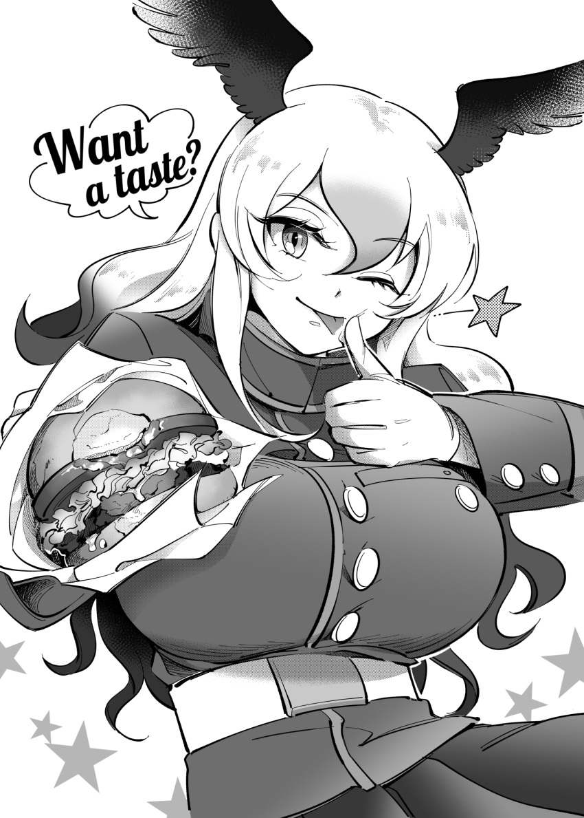 1girl ;p alternate_breast_size bald_eagle_(kemono_friends) belt bird_wings breasts buttons english_text eyebrows_visible_through_hair fast_food finger_to_mouth food food_on_face gloves greyscale hair_between_eyes hamburger head_wings highres holding holding_food huge_breasts jacket kemono_friends long_hair long_sleeves looking_at_viewer monochrome multicolored_hair one_eye_closed skirt smile solo star_(symbol) taut_clothes taut_jacket tongue tongue_out upper_body wings yokuko_zaza