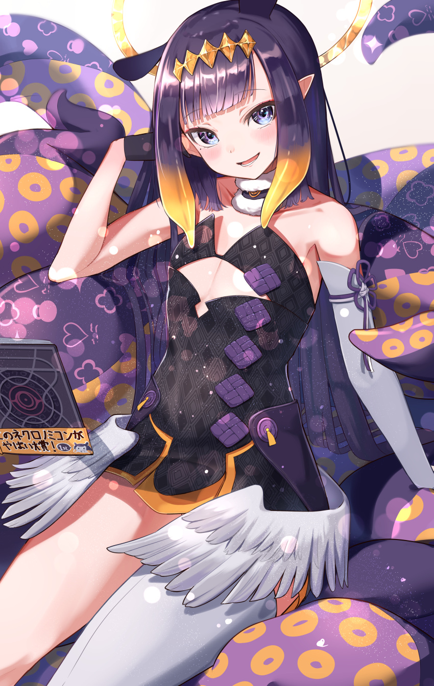 1girl :d absurdres animal_ears appo_(36786257) bangs bare_shoulders black_choker black_dress black_gloves blue_eyes blunt_bangs blush book choker collarbone detached_sleeves dress eyebrows_visible_through_hair feathered_wings flat_chest flower_knot fur-trimmed_choker fur_choker gloves halo hand_up head_tilt headpiece highres hololive hololive_english long_hair looking_at_viewer low_wings mole mole_under_eye monster_girl ninomae_ina'nis open_mouth pointy_ears print_dress purple_hair shiny shiny_hair short_dress sidelocks single_detached_sleeve single_sleeve single_thighhigh sitting smile solo strapless strapless_dress tentacle_hair tentacles thigh-highs very_long_hair virtual_youtuber white_legwear white_wings wings