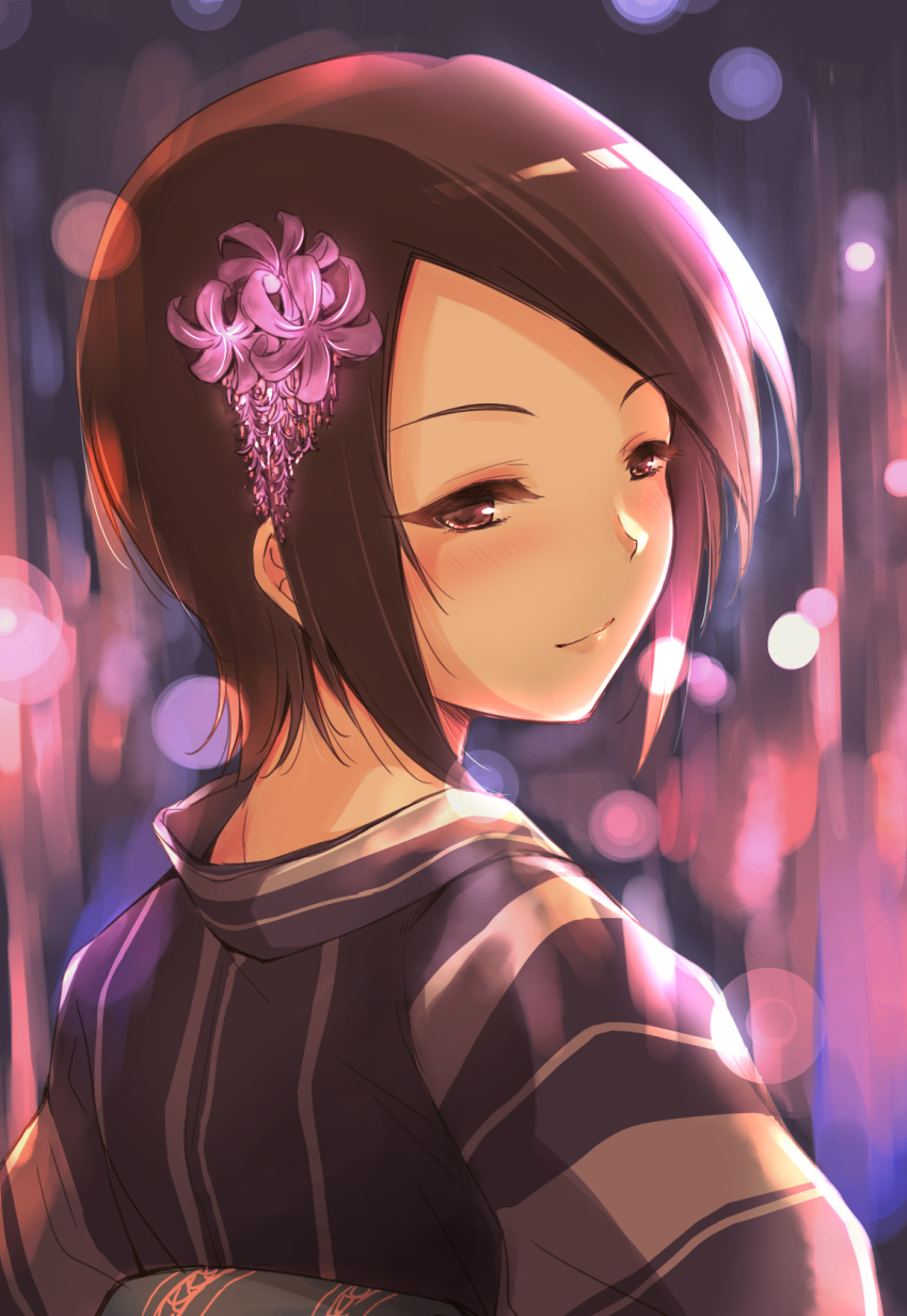 1girl black_hair blurry blush depth_of_field flower from_behind hair_ornament highres idolmaster idolmaster_cinderella_girls japanese_clothes kimono looking_at_viewer looking_back minori_(m-noir) nape short_hair smile solo tougou_ai upper_body