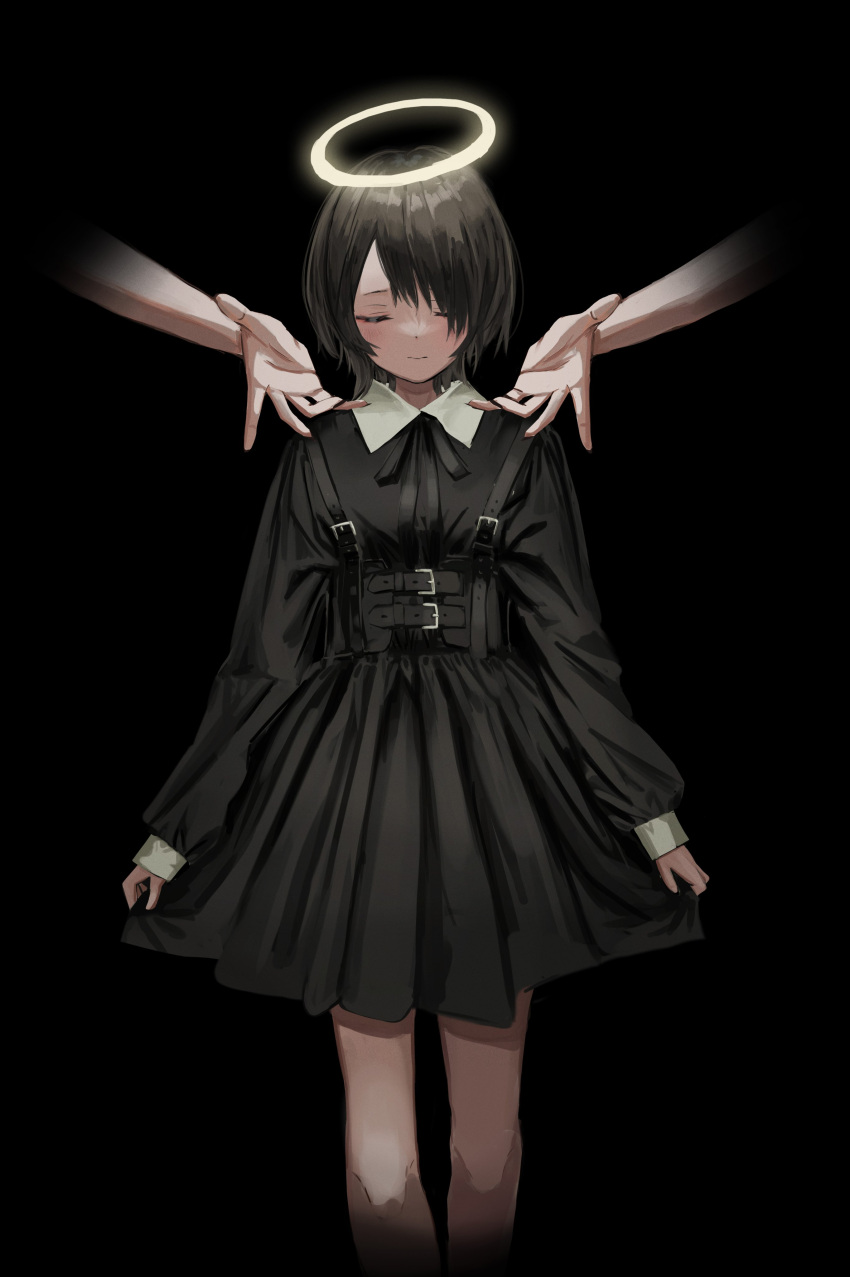 1girl 1other absurdres black_background black_dress black_hair black_ribbon closed_eyes closed_mouth dress halo hands highres nadegata original ribbon short_hair simple_background solo_focus