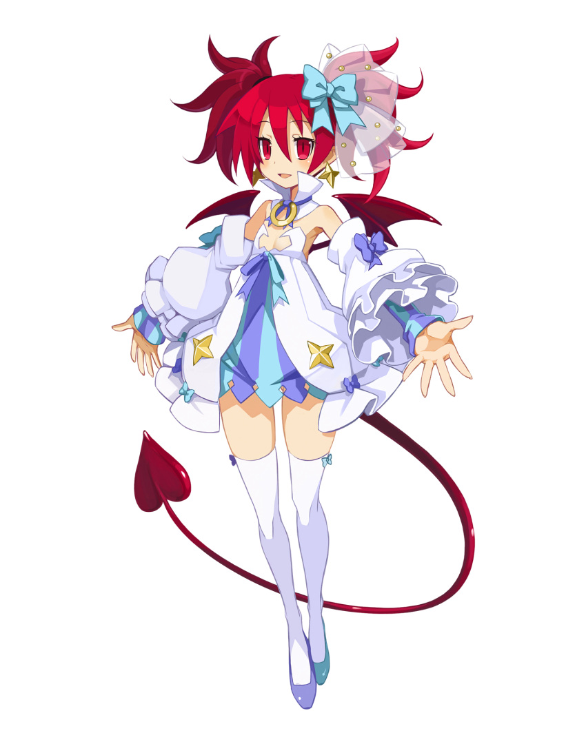 1girl alternate_costume bangs blue_footwear bow demon_girl demon_tail demon_wings detached_collar detached_sleeves disgaea disgaea_rpg dress earrings etna flat_chest full_body hair_bow highres jewelry layered_sleeves long_hair mismatched_footwear official_art open_mouth popped_collar red_eyes redhead saint_etna short_dress simple_background slit_pupils solo strapless strapless_dress tail thigh-highs twintails white_background white_legwear wings