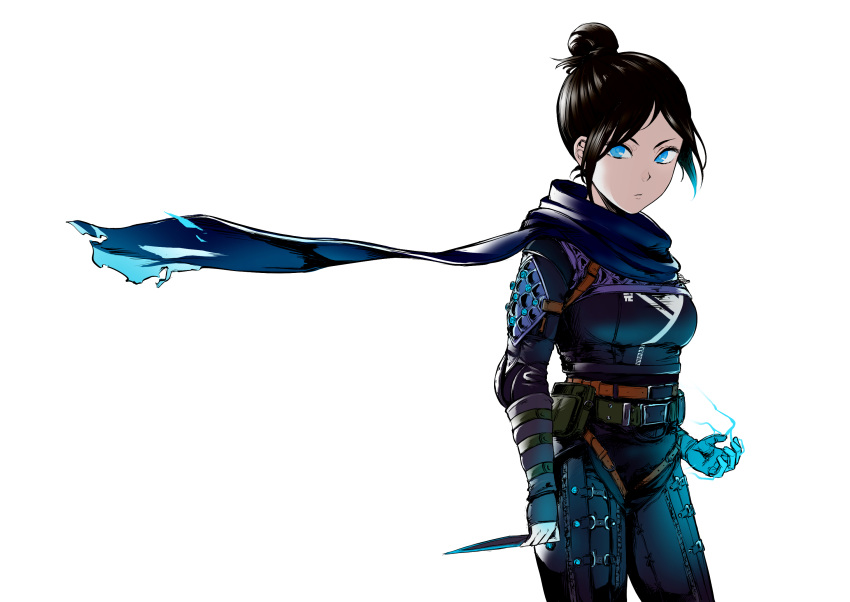 1girl apex_legends bangs black_bodysuit black_hair black_scarf blue_eyes bodysuit breasts danji_aq electricity expressionless from_side hair_behind_ear hair_bun highres holding holding_knife knife looking_at_viewer medium_breasts open_hand parted_bangs scarf solo v-shaped_eyebrows white_background wraith_(apex_legends)