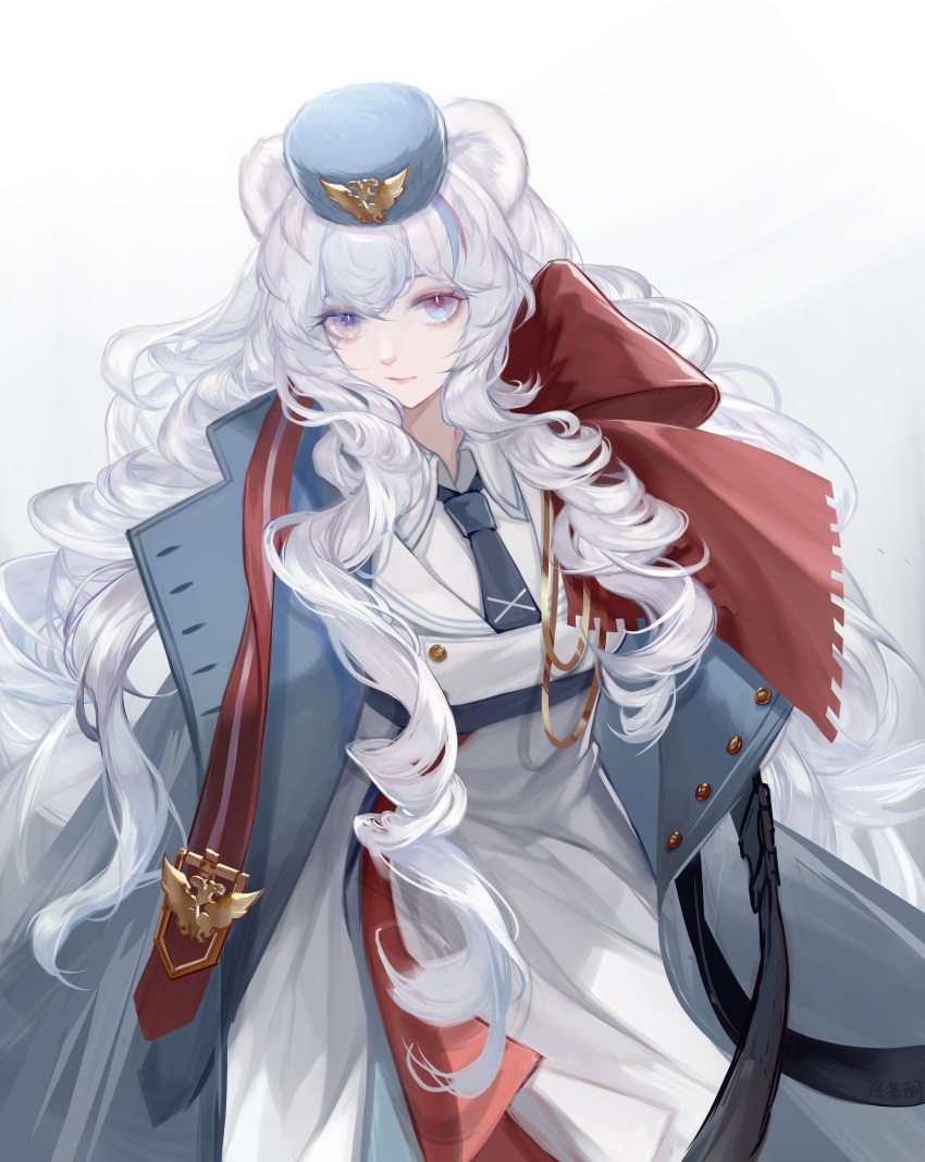 1girl absurdres animal_ears arknights bear_ears bear_girl coat formal hat heterochromia highres long_hair long_sleeves looking_at_viewer multicolored multicolored_eyes multicolored_hair qiangjitong rosa_(arknights) solo streaked_hair suit very_long_hair white_hair