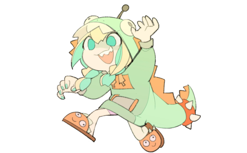 1girl :d amano_pikamee blonde_hair claw_pose commentary_request dinosaur_hood full_body green_eyes green_hair green_nails highres hood hoodie jacket multicolored_hair nail_polish official_alternate_costume open_mouth sharp_teeth simple_background slippers smile solo teeth temmie_chang two-tone_hair virtual_youtuber voms white_background