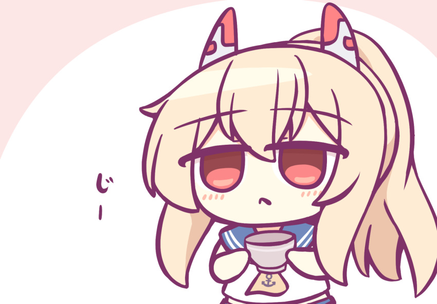 1girl ayanami_(azur_lane) azur_lane blonde_hair blue_sailor_collar chibi cup eyebrows_visible_through_hair headgear holding holding_cup kashimu long_hair red_eyes sailor_collar shirt simple_background solo upper_body white_shirt