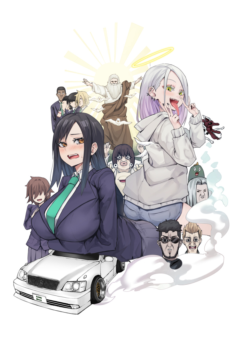 absurdres breast_squeeze breasts car ground_vehicle highres masuo motor_vehicle multiple_boys multiple_girls tongue tongue_out v