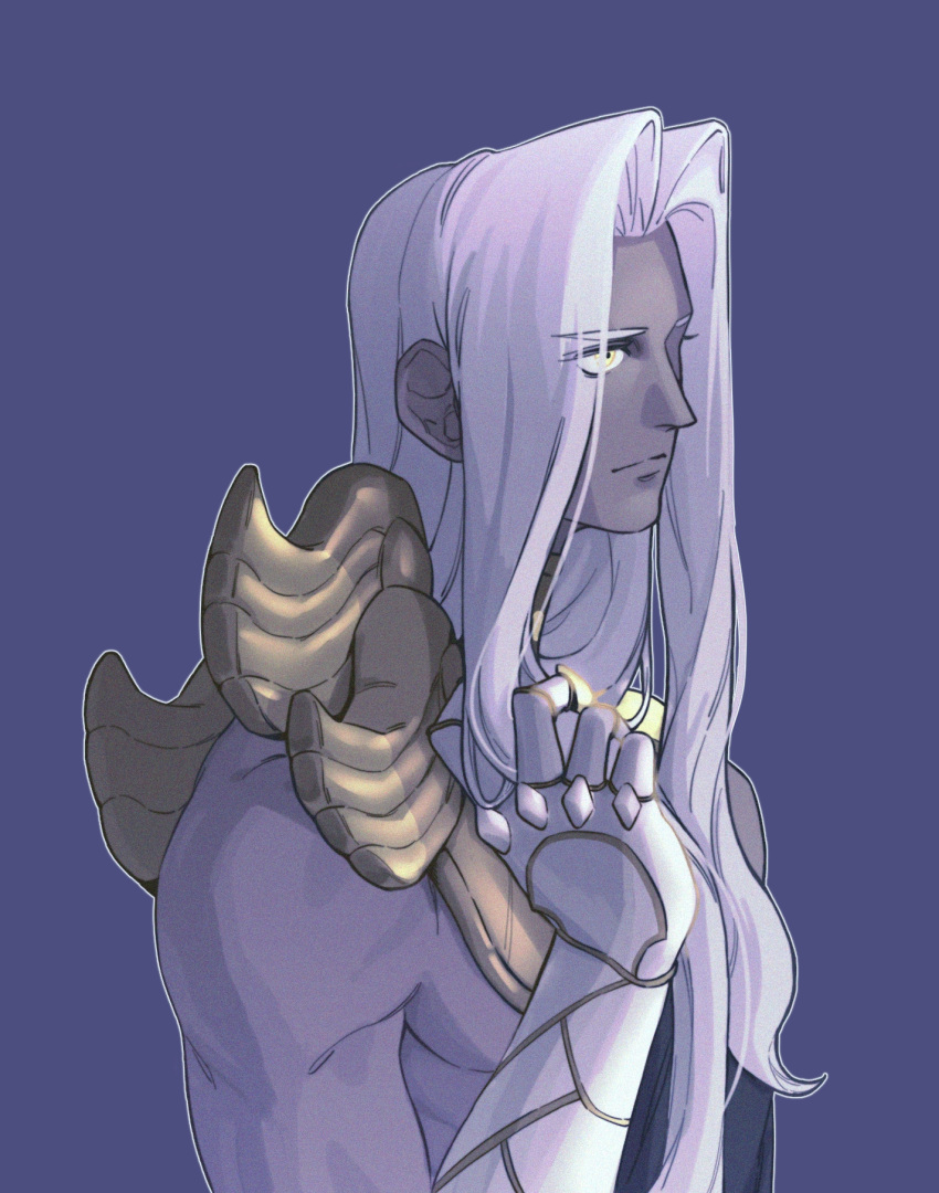 1boy alternate_hair_length alternate_hairstyle dark_skin dark_skinned_male eyebrows_visible_through_hair eyes_visible_through_hair gauntlets greek_clothes hades_(game) highres juzhi_tangjiang long_hair male_focus purple_background single_gauntlet thanatos_(hades) upper_body white_hair yellow_eyes