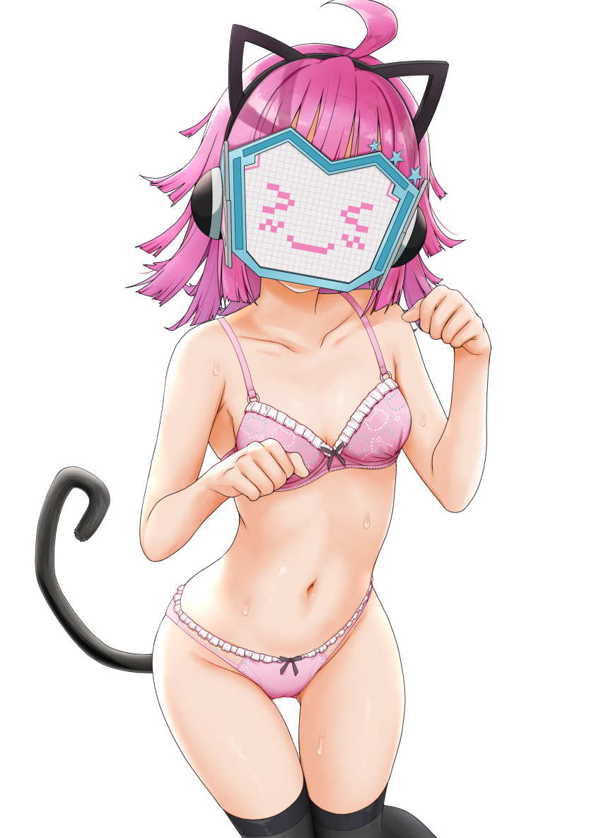 &gt;_&lt; 1girl absurdres ahoge animal_ears bare_arms bare_shoulders black_legwear bow bow_bra bow_panties bra breasts cat_ears cat_tail collarbone facing_viewer fake_animal_ears feet_out_of_frame frilled_bra frilled_panties frills groin hands_up highres long_hair love_live! love_live!_nijigasaki_high_school_idol_club miel_(lessontome) navel panties paw_pose pink_bra pink_hair pink_panties simple_background small_breasts smile solo sweat tail tennouji_rina thigh-highs thigh_gap underwear underwear_only white_background