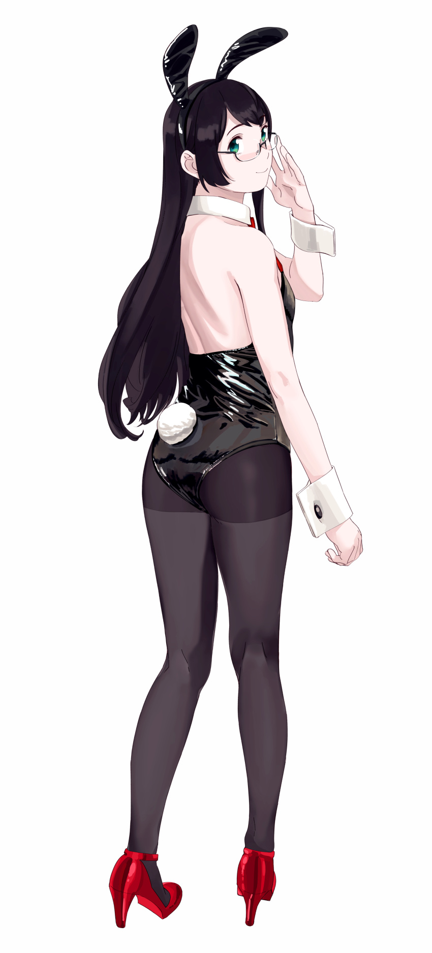 1girl absurdres alternate_costume animal_ears arm_up bare_arms bare_shoulders black_hair black_legwear black_leotard bunny_tail detached_collar eyebrows_visible_through_hair fake_animal_ears fake_tail full_body high_heels highres incredibly_absurdres kantai_collection leotard long_hair looking_at_viewer looking_back ojipon ooyodo_(kancolle) pantyhose playboy_bunny rabbit_ears red_footwear simple_background smile solo standing strapless strapless_leotard tail white_background wrist_cuffs