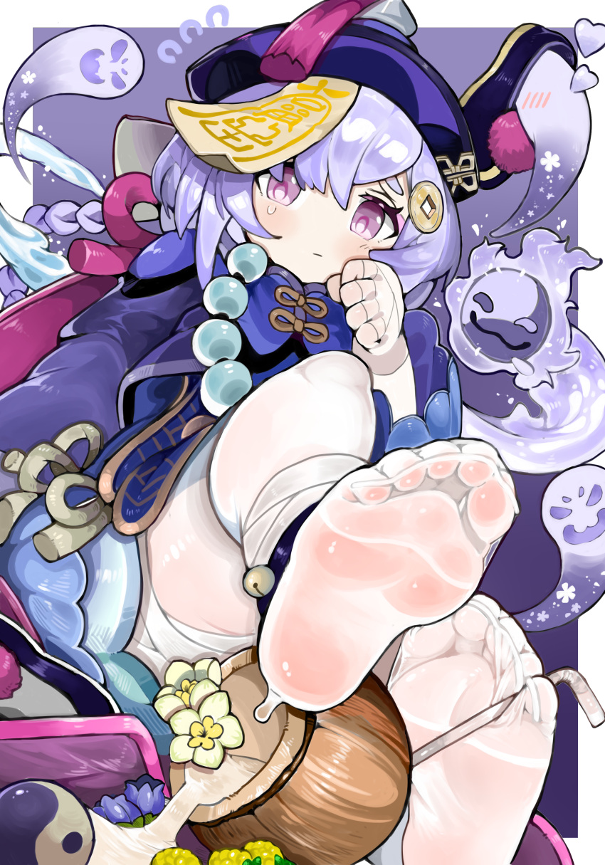 1girl absurdres bangs bead_necklace beads blue_dress blue_headwear blush braid braided_ponytail breasts coconut coin_hair_ornament dress drinking_straw feet flower fruit_cup genshin_impact ghost hat highres jewelry jiangshi legs long_hair long_sleeves looking_at_viewer menthako necklace ofuda purple_hair qing_guanmao qiqi_(genshin_impact) small_breasts soles thigh-highs thighs toes very_long_hair violet_eyes white_legwear