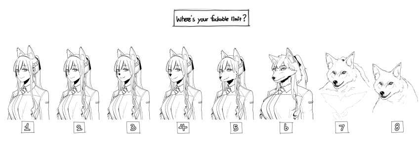 1girl absurdres ak-12_(girls_frontline) animal_ear_fluff animal_ears animal_nose animalization bangs body_fur braid breasts commentary_request english_commentary extra_ears eyebrows_visible_through_hair fangs fangs_out french_braid furrification furry girls_frontline greyscale hair_ribbon high_contrast high_ponytail highres huqu kemonomimi_mode korean_commentary long_hair looking_at_viewer medium_breasts monochrome multiple_views ribbon sidelocks simple_background smile snout tied_hair variations werewolf white_background wing_collar wolf wolf_ears wolf_girl