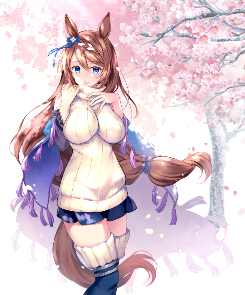 1girl :d animal_ears bangs black_legwear black_skirt blue_eyes blush braid breasts brown_hair commentary_request eyebrows_visible_through_hair flower hair_between_eyes hands_up highres horse_ears horse_girl horse_tail impossible_clothes impossible_sweater large_breasts long_hair looking_at_viewer open_mouth petals pink_flower pleated_skirt rei_(rei's_room) ribbed_sweater skirt sleeveless sleeveless_sweater sleeveless_turtleneck smile solo super_creek sweater tail thigh-highs tree tree_branch turtleneck turtleneck_sweater umamusume upper_teeth very_long_hair white_sweater