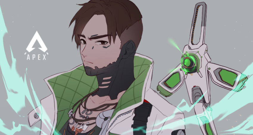 1boy apex_legends brown_eyes brown_hair collarbone copyright_name crypto_(apex_legends) drone expressionless grey_background hack_(apex_legends) iyo_(nanaka-0521) jacket logo looking_at_viewer male_focus solo_focus undercut upper_body white_jacket