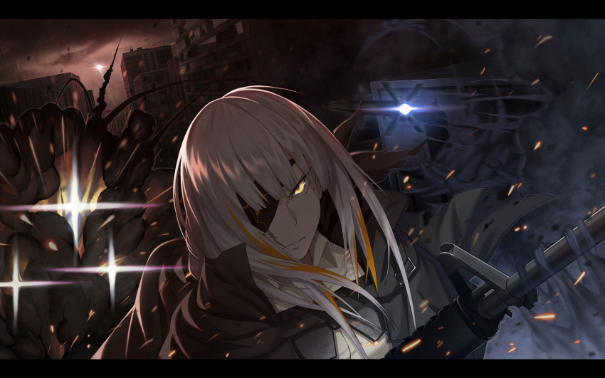 1girl assault_rifle black_eyepatch black_jacket cero_(last2stage) closed_mouth eyebrows_visible_through_hair girls_frontline gun highres holding holding_weapon jacket long_hair looking_at_viewer m16 m16a1 m16a1_(girls_frontline) m16a1_(girls_frontline)_(boss) mole mole_under_eye multicolored_hair open_clothes open_jacket rifle shirt silver_hair solo weapon white_shirt yellow_eyes