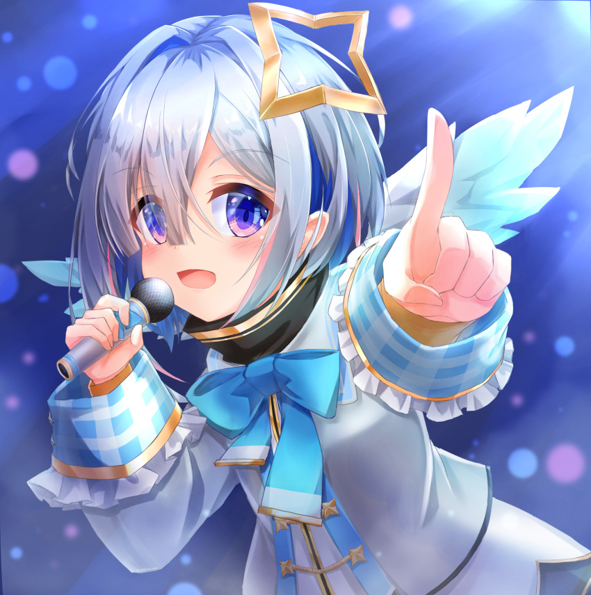 1girl :d absurdres aiguillette amane_kanata angel angel_wings black_skirt blue_eyes blue_hair blue_neckwear blue_wings blurry blush bob_cut bokeh bow bowtie colored_inner_hair depth_of_field feathered_wings gradient gradient_eyes gradient_wings grey_jacket hair_intakes hair_over_one_eye halo highres holding holding_microphone hololive jacket long_sleeves looking_at_viewer microphone multicolored multicolored_eyes multicolored_hair multicolored_wings music open_mouth pink_hair pointing pointing_at_viewer reflective_eyes sailor_collar shirt short_hair silver_hair singing skirt sleeve_cuffs sleeves_folded_up smile solo star_halo streaked_hair turtleneck v-shaped_eyebrows violet_eyes virtual_youtuber white_shirt white_wings wide_sleeves wings yukikawa_sara