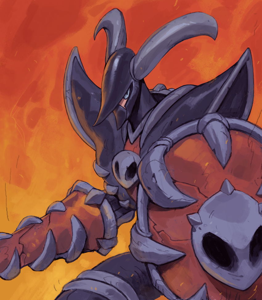 armor black_eyes commentary fire garrett_hanna gen_2_pokemon helmet highres holding holding_lance holding_polearm holding_weapon horns houndoom lance looking_at_viewer personification pokemon polearm shield skull squatting weapon